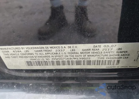 2007 Volkswagen Jetta 2.5 z USA, uszkodzony, nr VIN 3VWSG71K87M139522